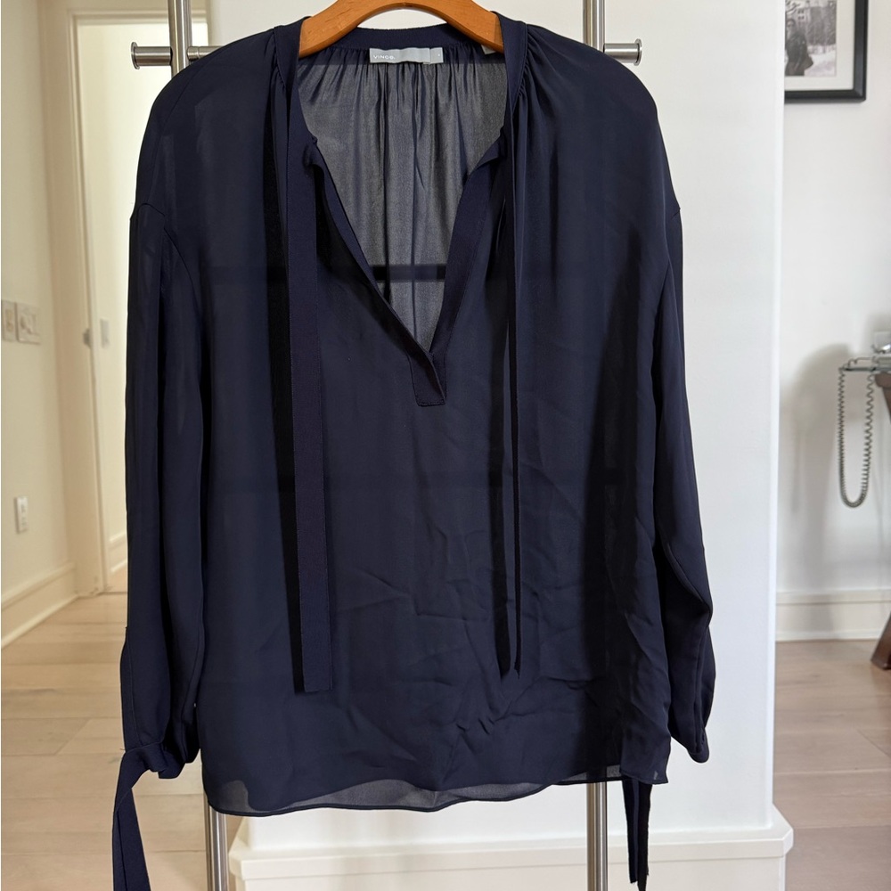 Vince Elegant Navy Blouse with Tie Details